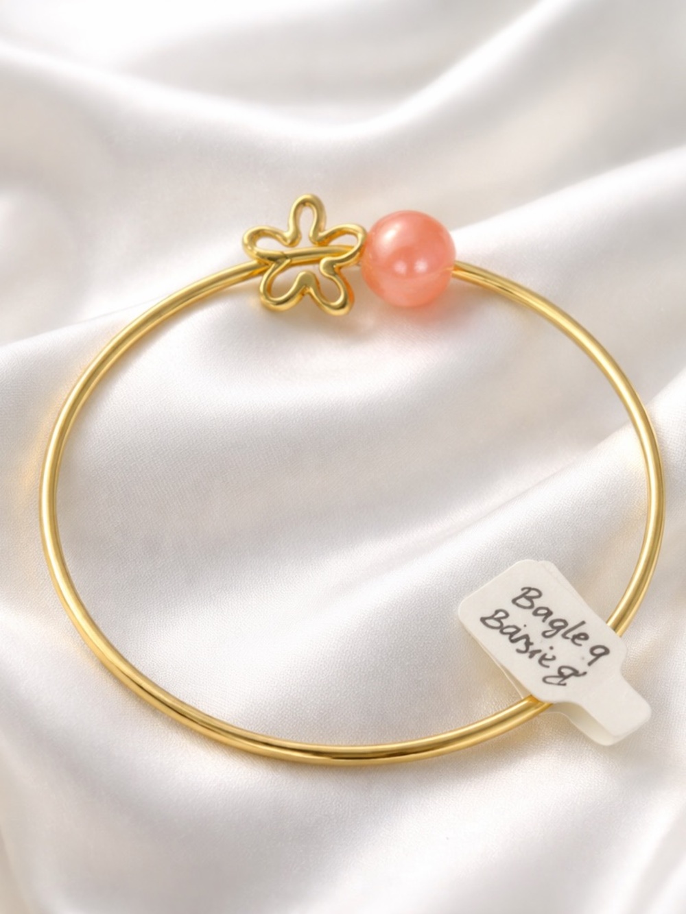 Gold Pearl & Flower Bangle Bracelet - Elegant Women's Jewelry